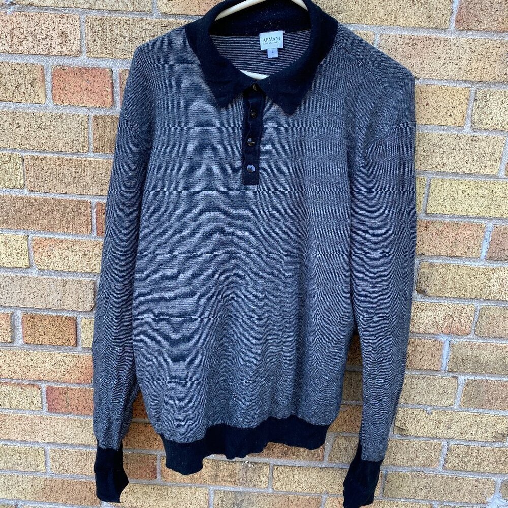 Vintage Armani Silk Blend Button Up Quarter Zip Sweater Large Gray